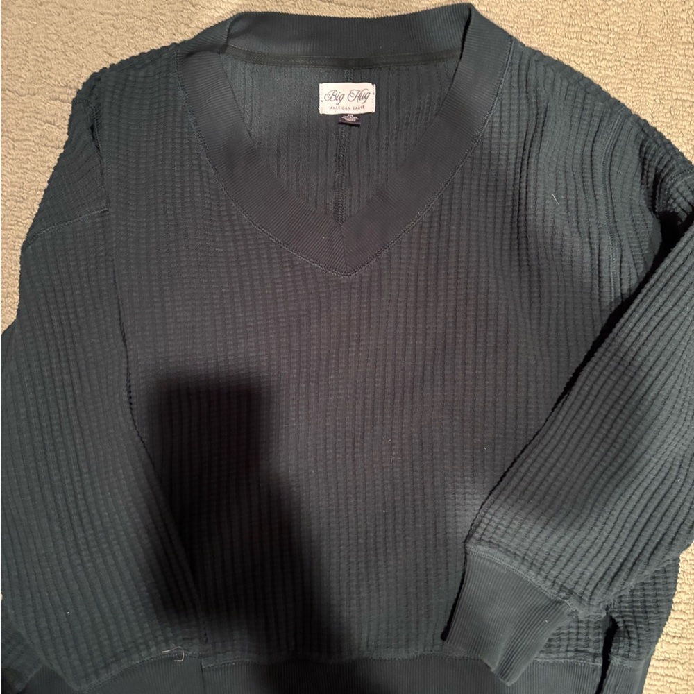 American Eagle Outfitters Women's Dark Green Waffle V-Neck Sweater